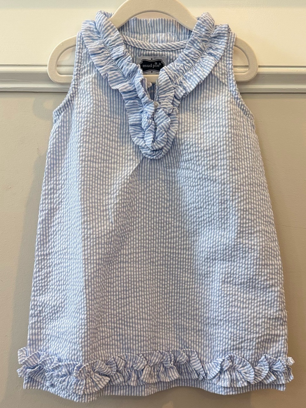 Mud Pie Blue White Seersucker Ruffle Dress 5T Easter Spring